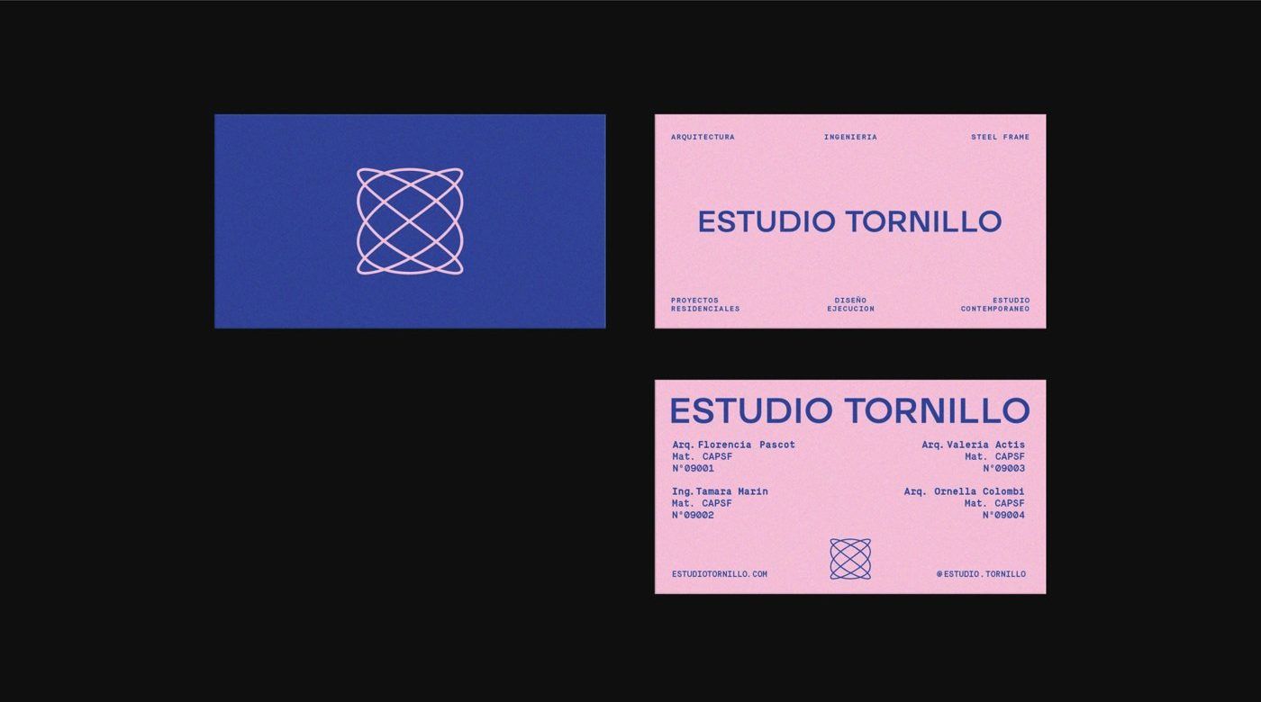 Estudio Tornillo — 명함 — 파랑 면에 심볼, 분홍 면에 이름과 면허 번호