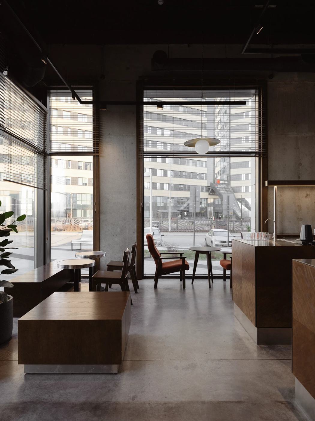 Skuratov coffee roasters (Kazan) — 창 쪽 전경. 어두운 원목 속으로 들어오는 바깥 빛