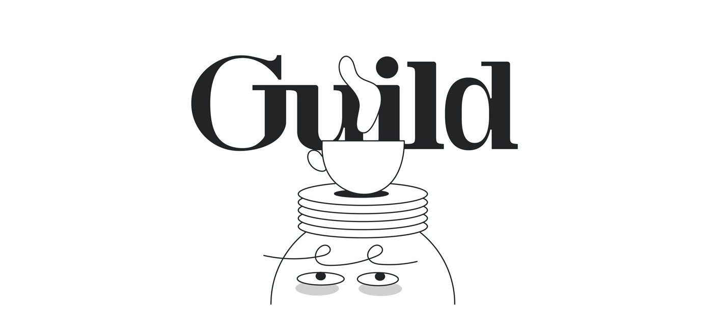 Guild Coffee — 로고와 캐릭터. 접시를 쌓은 머리 위에 커피잔, 그 위로 김이 i 의 점이 된다