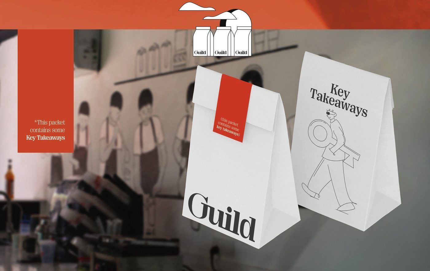 Guild Coffee — 종이봉투. 'Key Takeaways' 가 들어 있다는 띠지