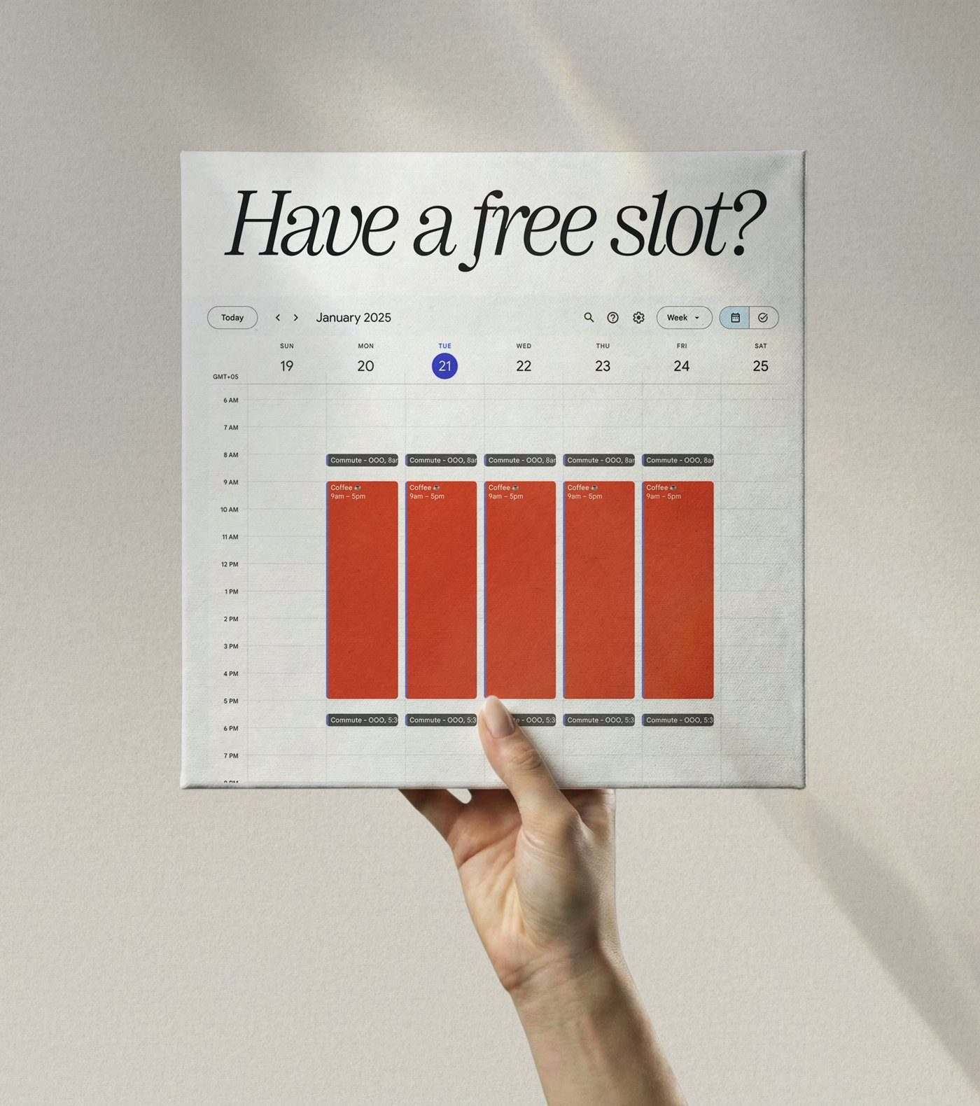 Guild Coffee — 포스터. 'Have a free slot?' 일정표의 빈칸을 커피 시간으로 칠했다