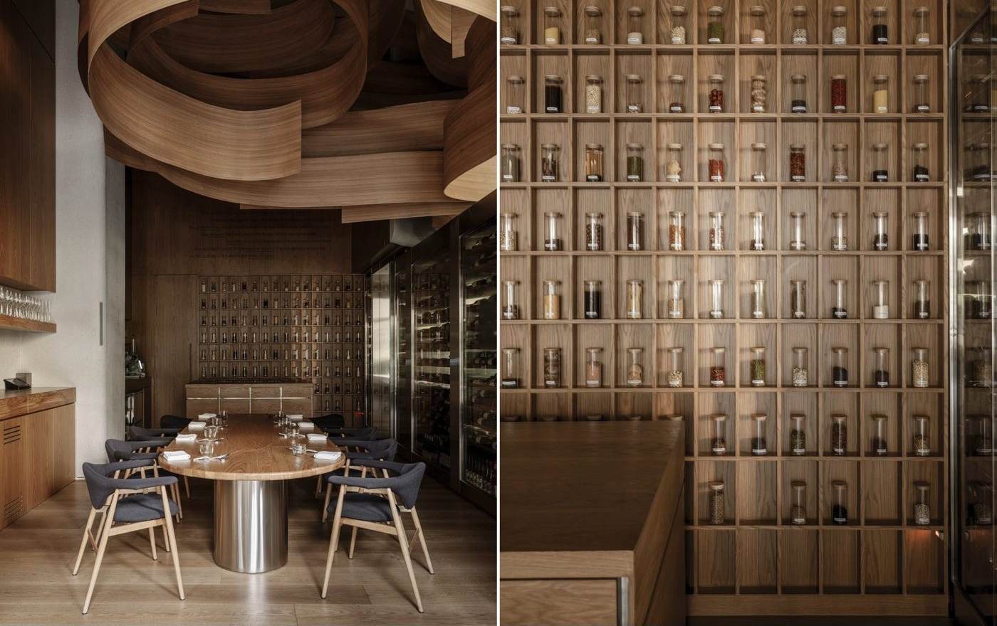 Birch restaurant (Dubai) — 셰프 방의 향신료 선반과 연단 위 공용 테이블