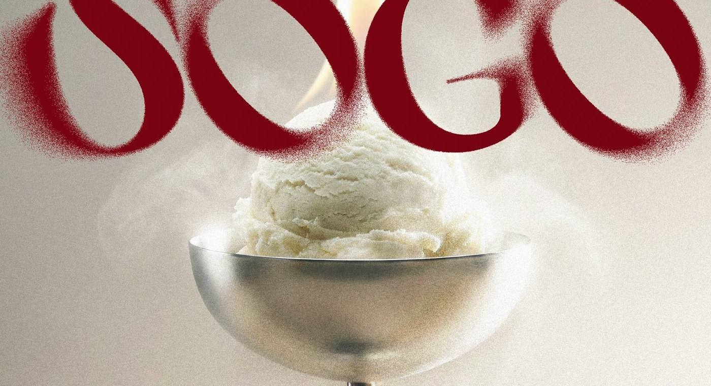 SOGO ice cream — 키 비주얼. 불꽃 아래 은색 볼, 스프레이처럼 번진 붉은 로고