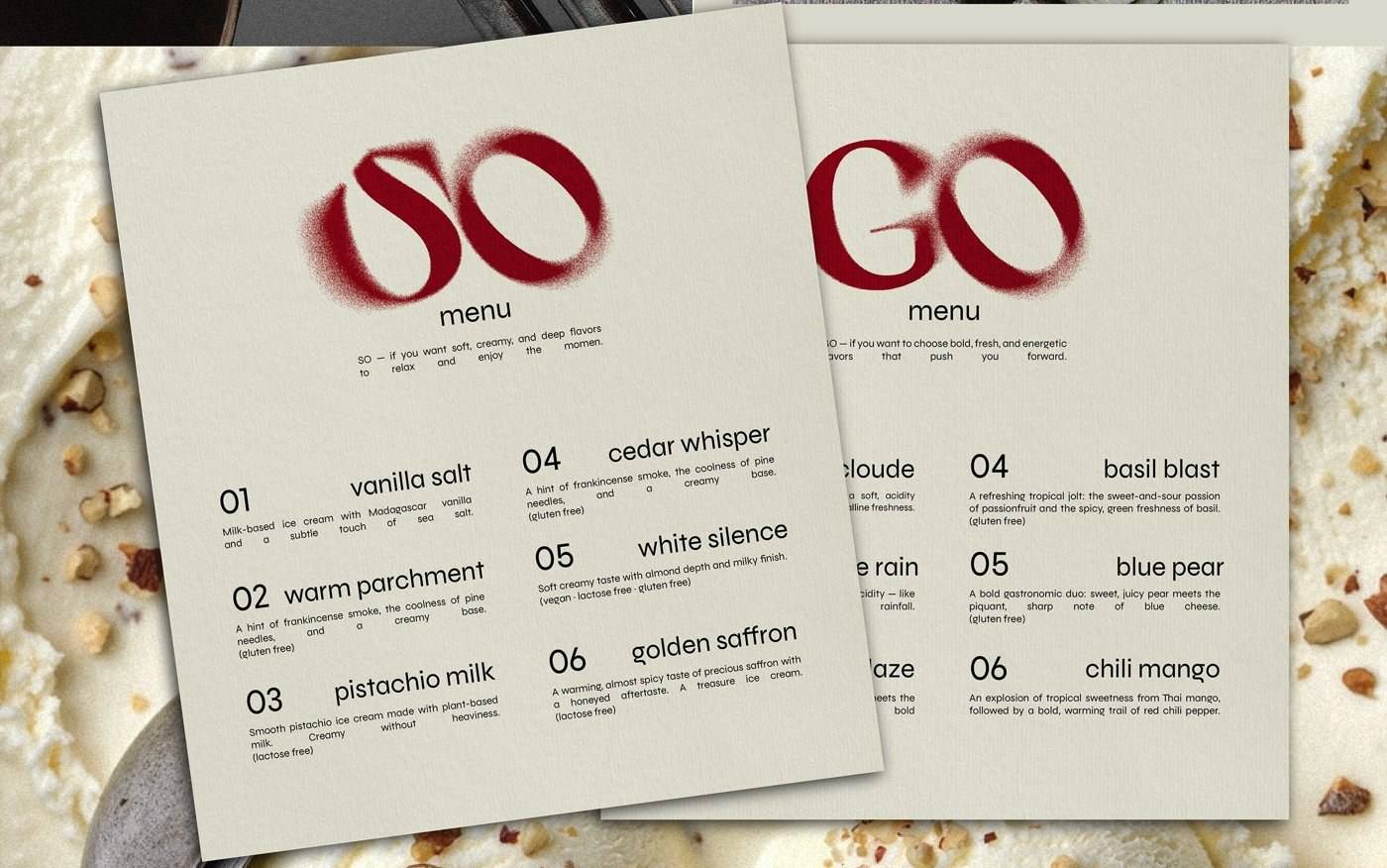SOGO ice cream — 메뉴. cedar whisper, warm parchment, white silence