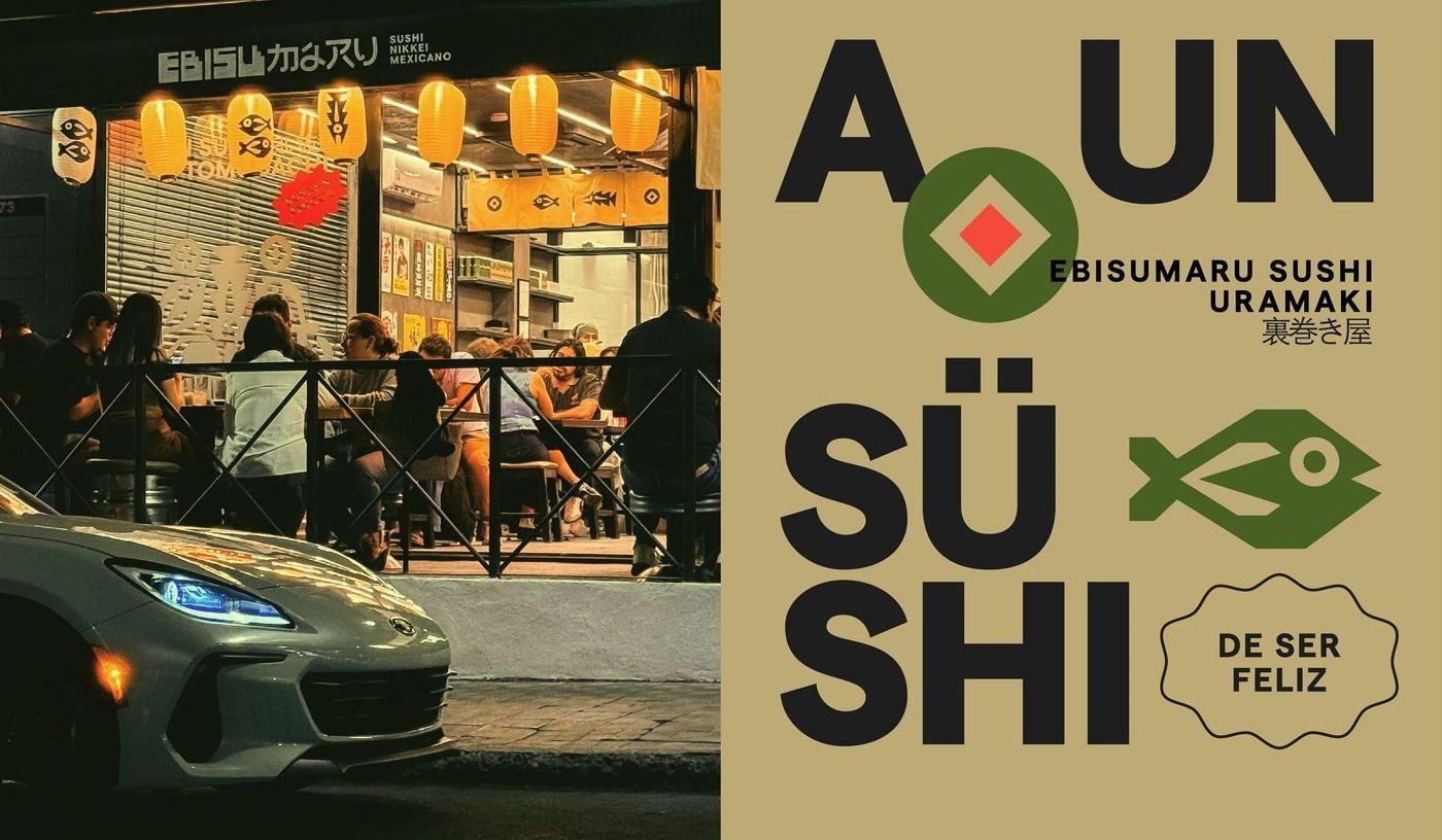 Ebisumaru Sushi — 밤의 매장 앞과 포스터 A UN SUSHI DE SER FELIZ