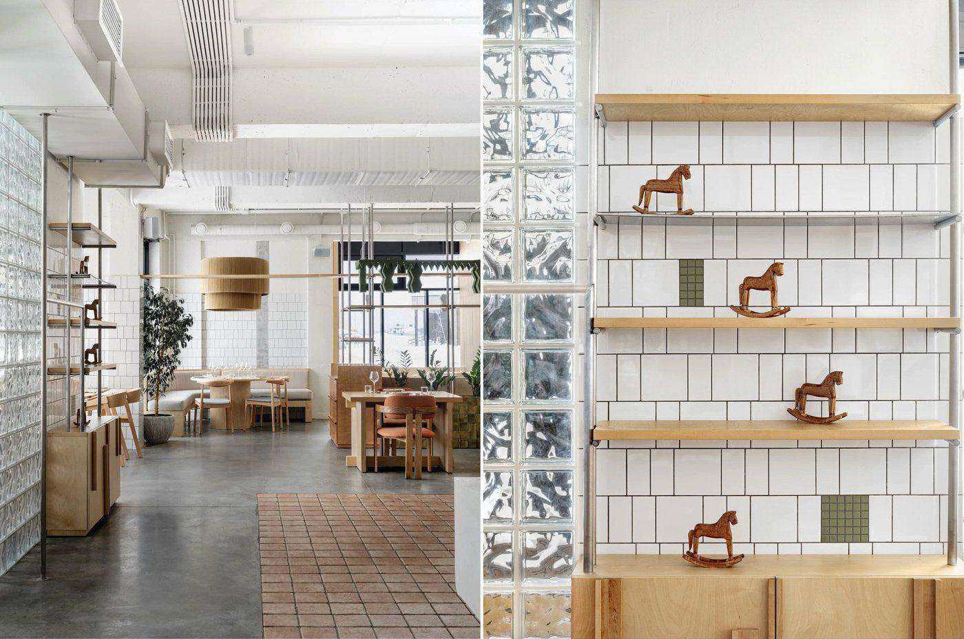 Zorka | Restaurant — 안쪽 홀과 유리블록, 흰 타일 선반의 목마 장식