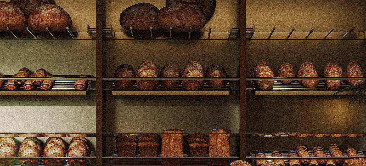 Millard Bakery | Interior Design — 빵 진열벽. 짙은 나무 칸과 금속 선반에 빵을 그대로