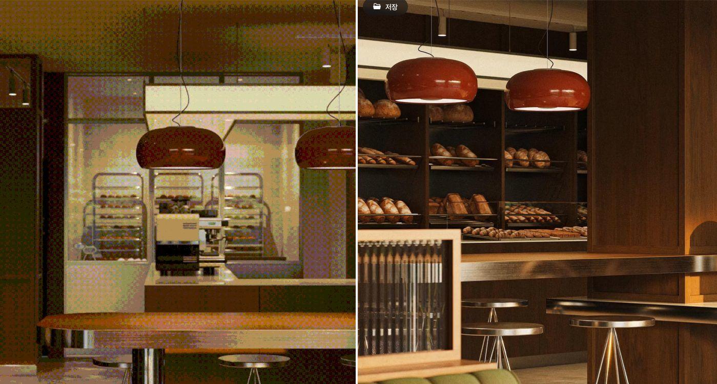 Millard Bakery | Interior Design — 카운터 쪽. 붉은 갓 펜던트, 흰 타일 뒤 작업대와 빵 랙