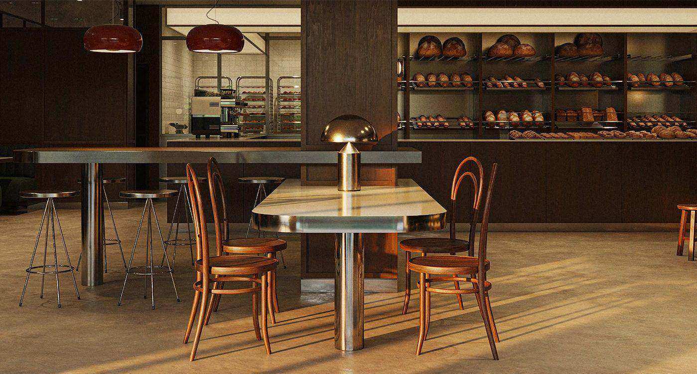 Millard Bakery | Interior Design — 홀. 대리석 상판 긴 테이블과 곡목 의자, 버섯 모양 조명