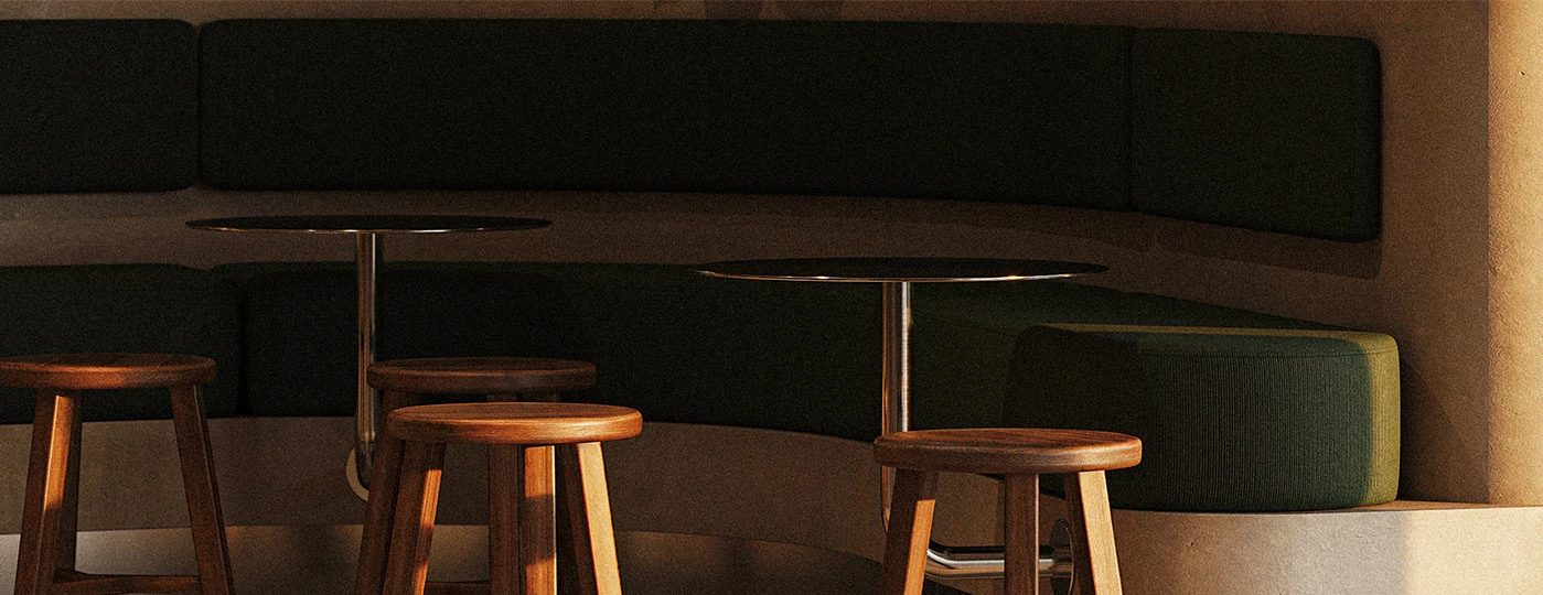 Millard Bakery | Interior Design — 둥글게 돈 초록 벤치와 나무 스툴