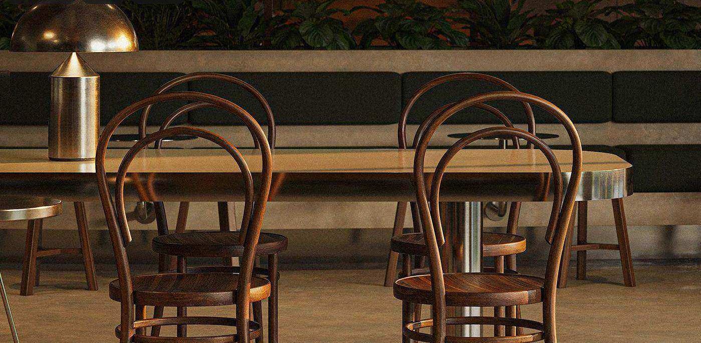 Millard Bakery | Interior Design — 곡목 의자 여럿. 테이블 다리는 금속 기둥 하나