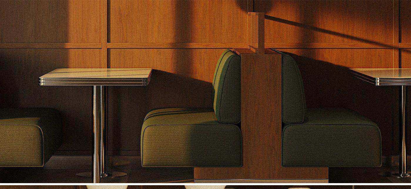 Millard Bakery | Interior Design — 나무 벽 앞 초록 부스 좌석과 금속 테두리 테이블