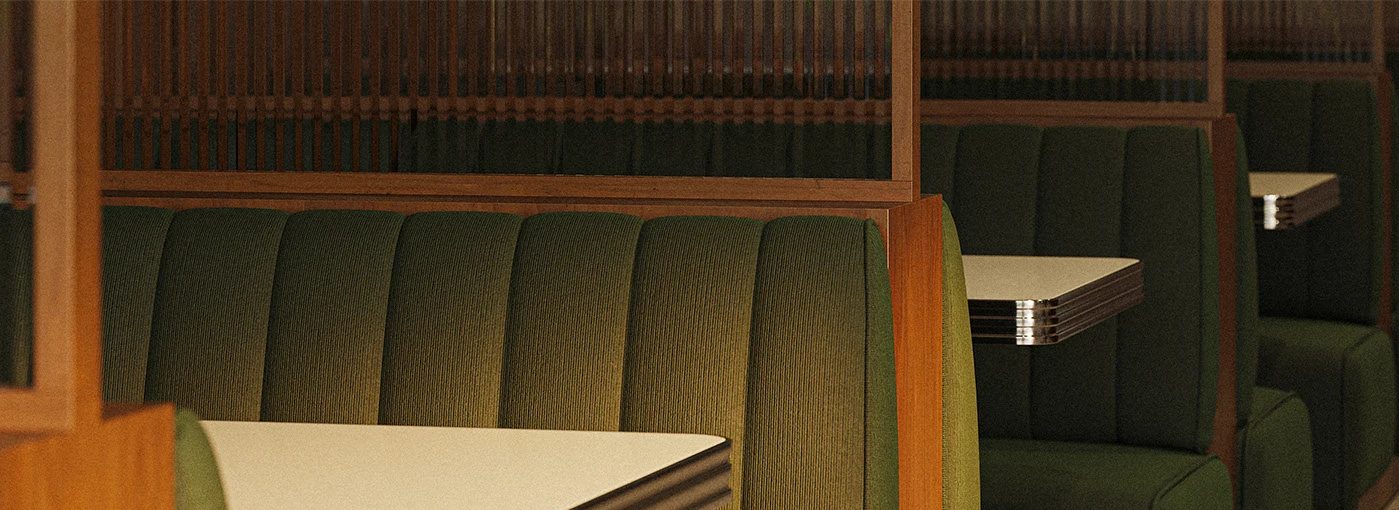 Millard Bakery | Interior Design — 부스 좌석. 세로 골 쿠션과 나무 칸막이