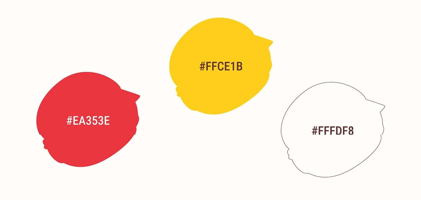 Aldi's Burger Visual Identity — 색 세 가지. 빨강 #EA353E, 노랑 #FFCE1B, 크림 #FFFDF8
