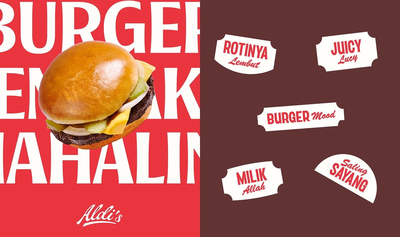 Aldi's Burger Visual Identity — 빨간 면의 큰 글자, 갈색 면의 말 스티커(ROTINYA Lembut, JUICY Lucy)
