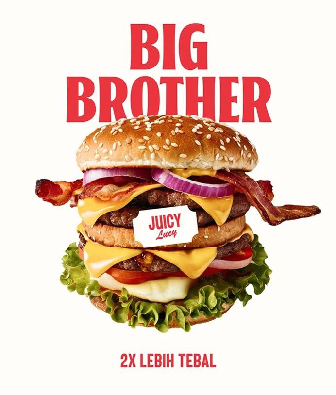 Aldi's Burger Visual Identity — 메뉴 포스터. BIG BROTHER, 버거 위에 JUICY 스티커