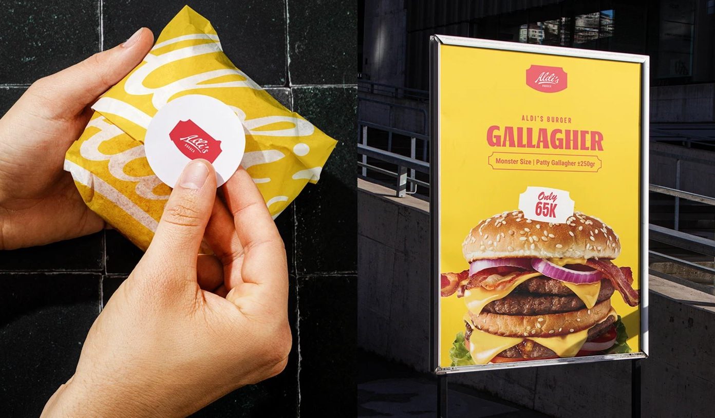 Aldi's Burger Visual Identity — 포장지 위 원형 스티커, 거리용 메뉴 입간판