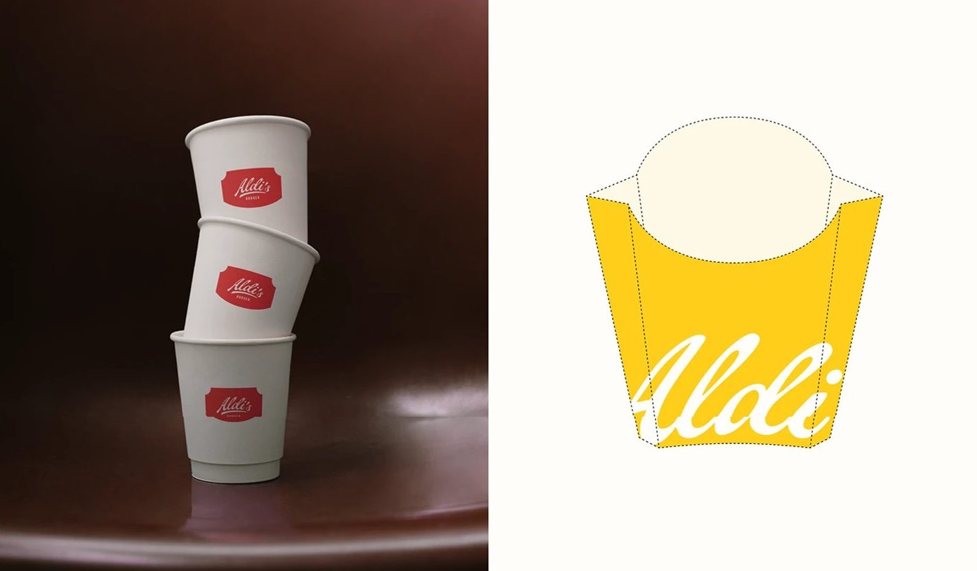 Aldi's Burger Visual Identity — 흰 컵 세 개와 노란 감자튀김 상자
