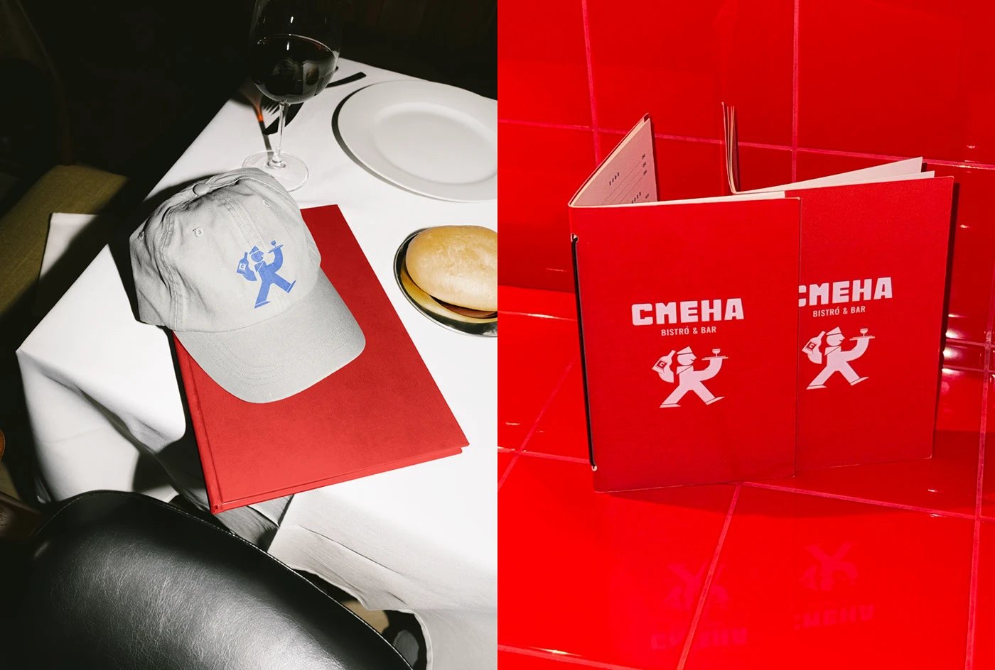 СМЕНА bistro / bar — 흰 식탁보 위 모자와 빨간 메뉴 표지. 모자에는 파란 마스코트