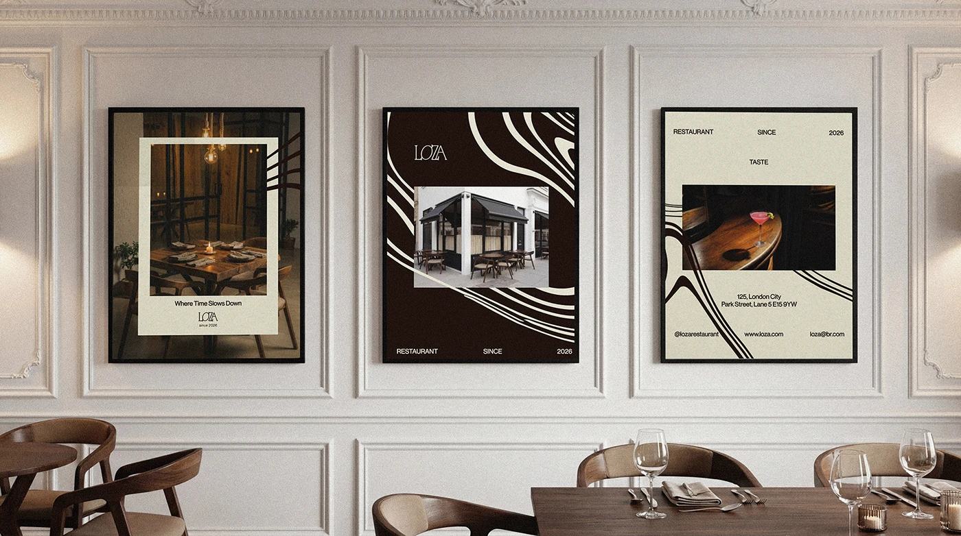 loza / restaurant — 판넬 벽에 건 포스터 세 장