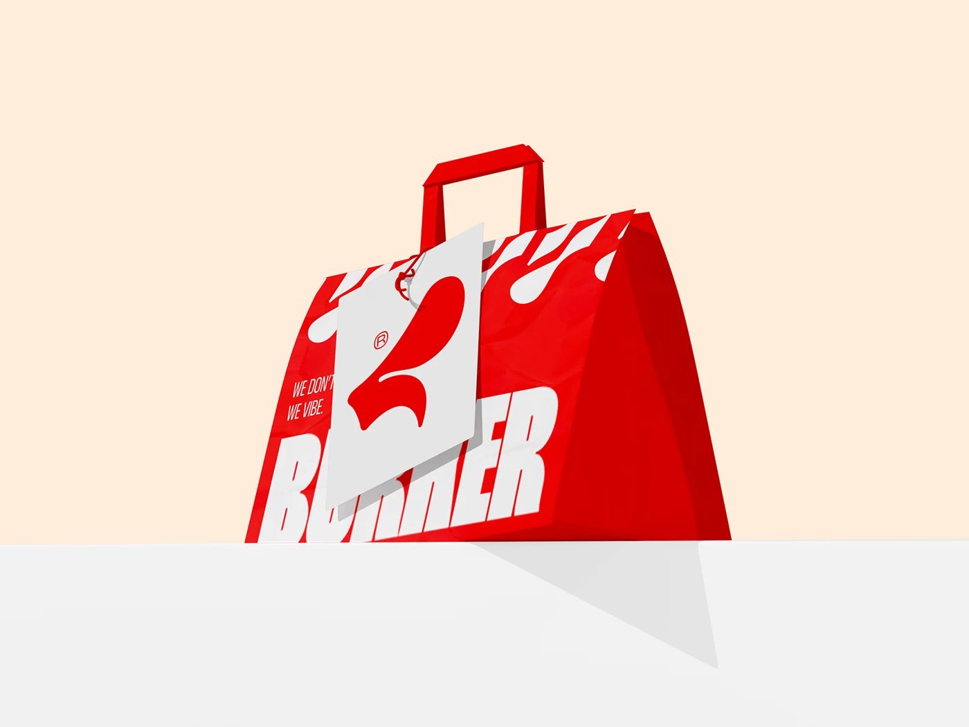 BURKER — 빨간 종이 가방. 크게 들어간 아랍어 로고와 BURKER 글자