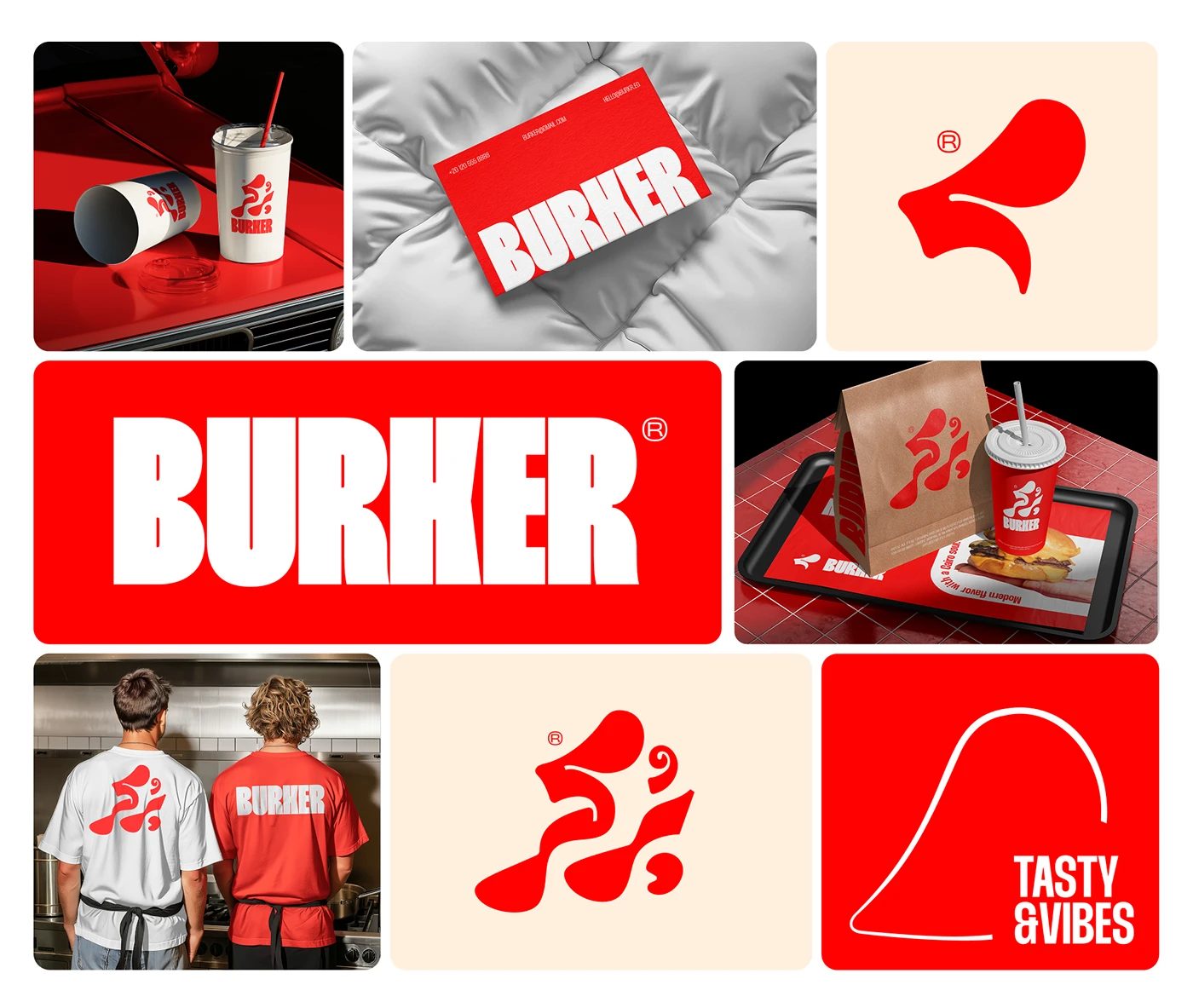 BURKER — 컵, 카드, 상자, 직원 셔츠를 한 판에 모은 장면