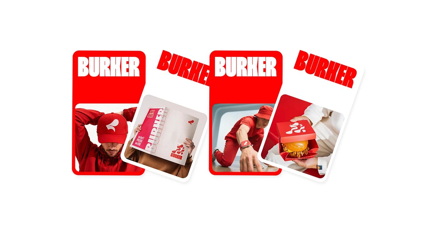 BURKER — 카드 네 장. 빨강 바탕에 좁고 굵은 BURKER