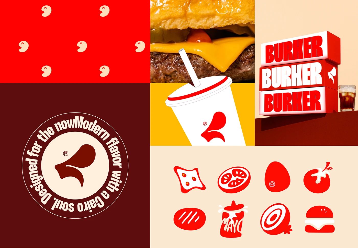 BURKER — 포장, 스티커, 아이콘 모음. 둥근 도장에 Designed for the now