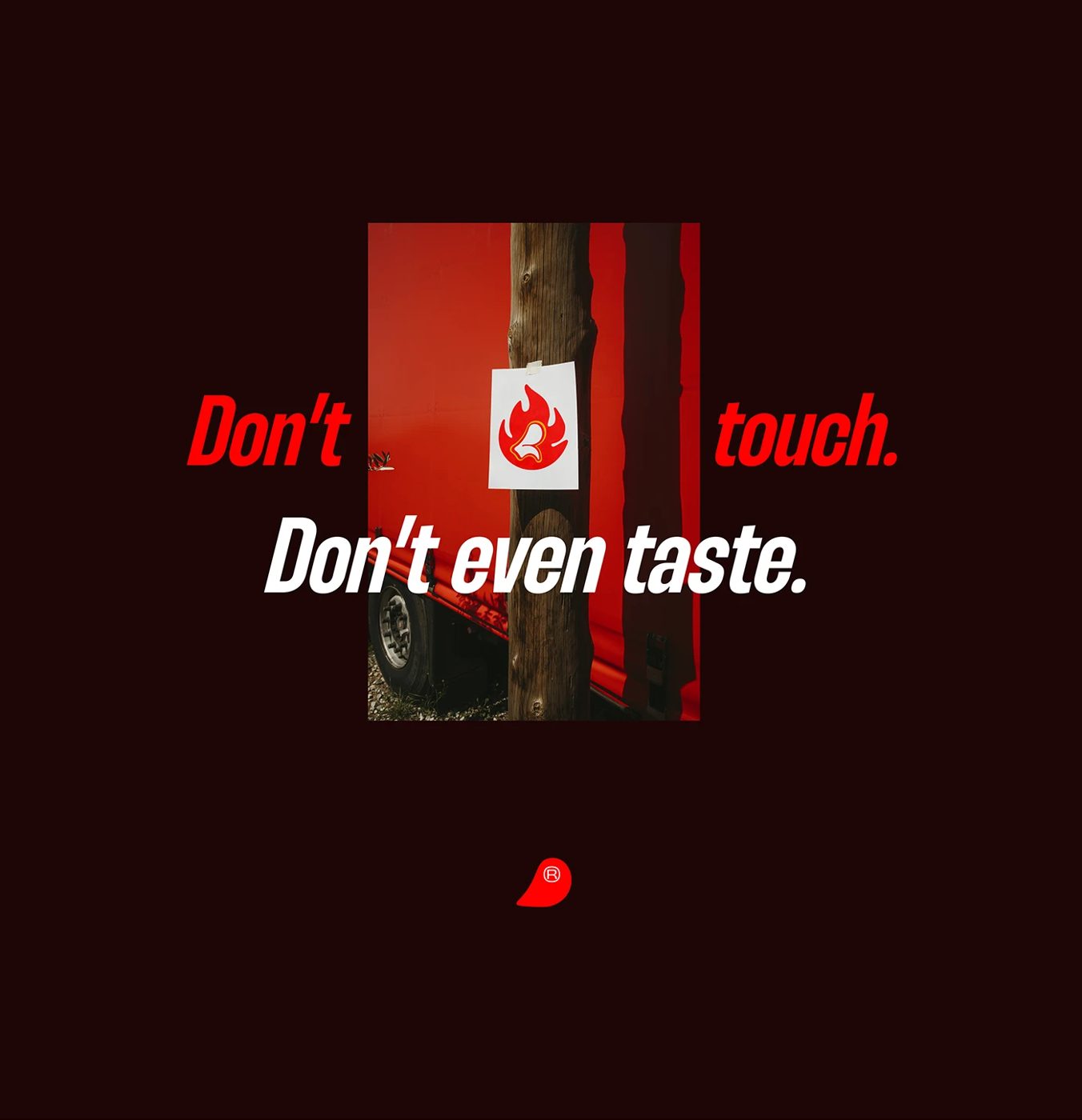 BURKER — 짙은 고동 바탕 포스터. Don't touch. Don't even taste.