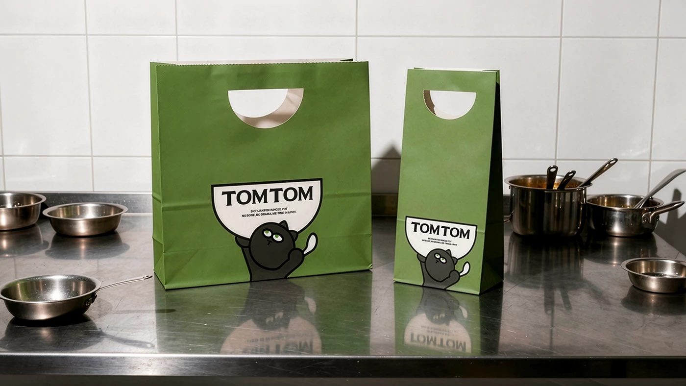 TOMTOM — 주방 스테인리스 선반 위 초록 종이 가방