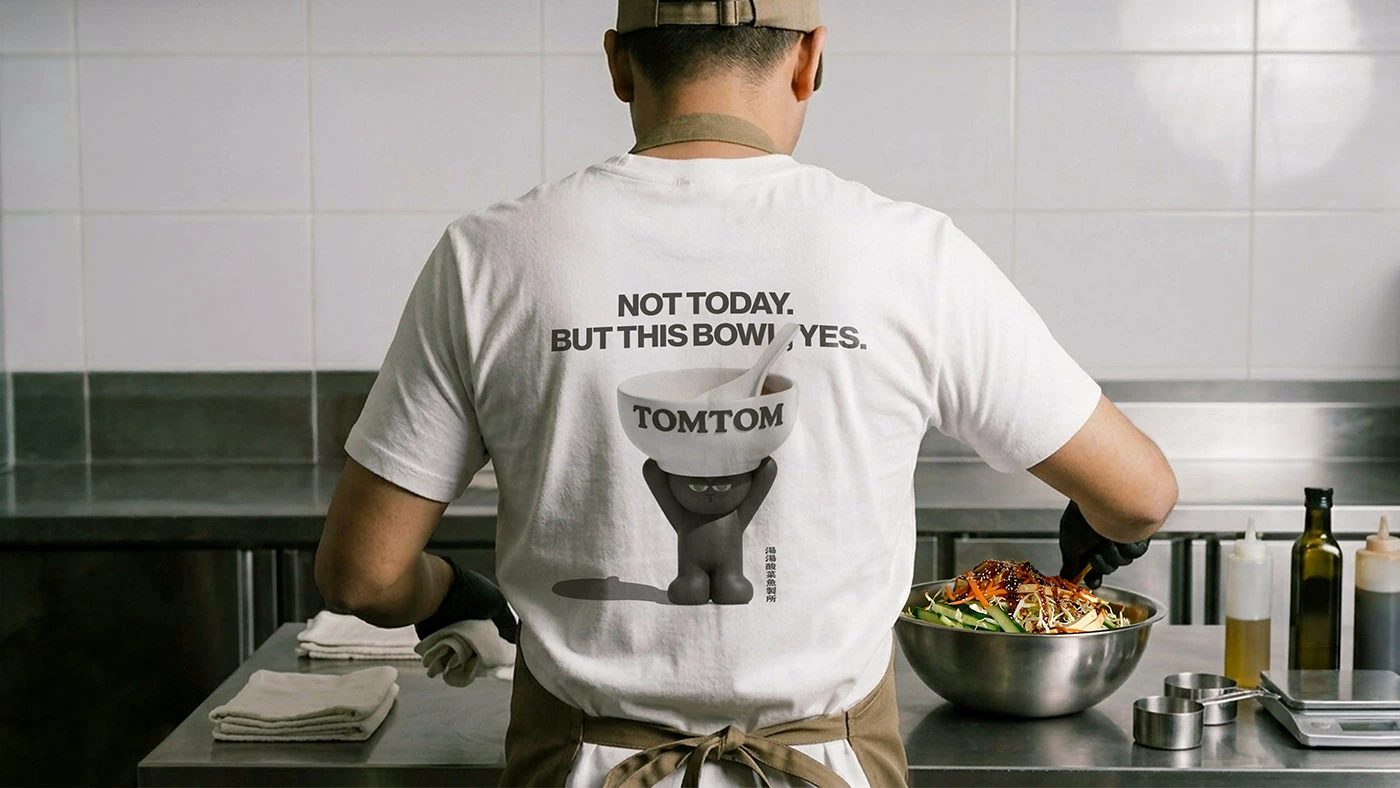 TOMTOM — 직원 흰 셔츠 등판. 고양이와 NOT TODAY. BUT THIS BOWL, YES.