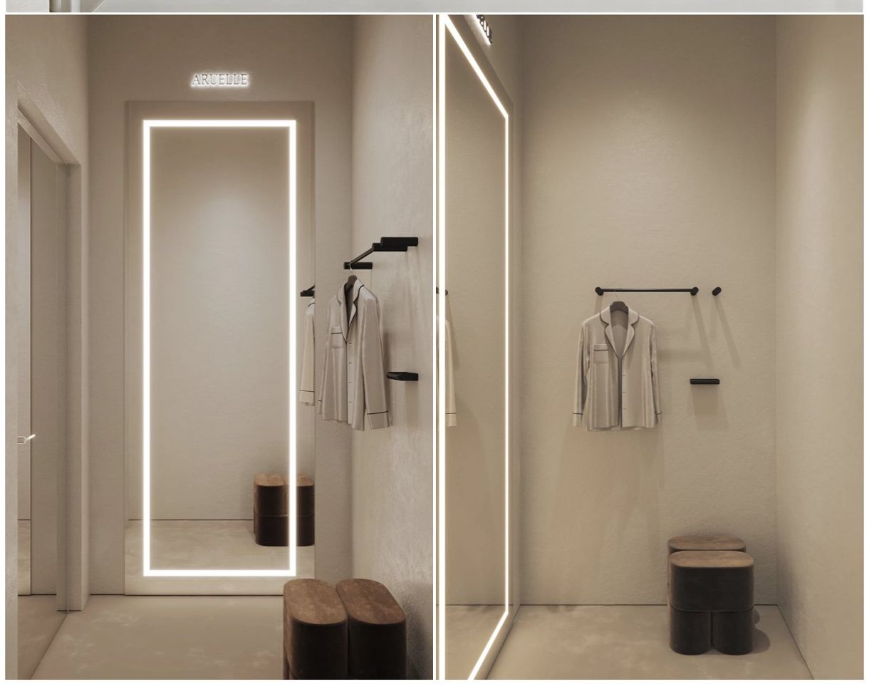 Aruelle Pop-Up Store — 빛 띠로 테를 두른 거울과 벽걸이 옷