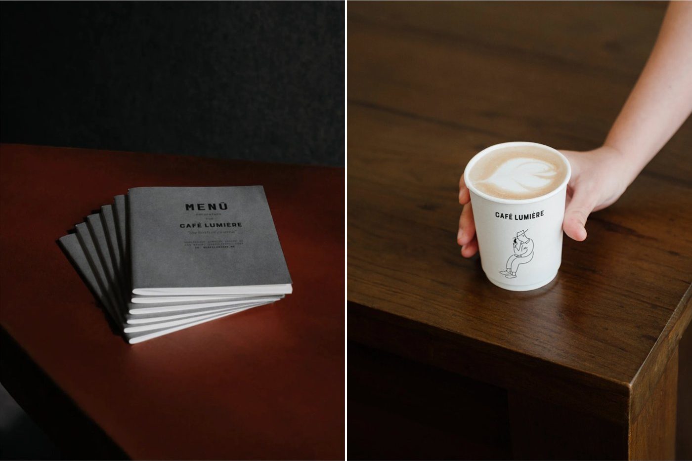 Café Lumière — 회색 표지 메뉴 책자와 테이크아웃 컵