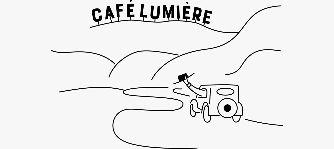 Café Lumière — CAFÉ LUMIÈRE 글자 아래 언덕길과 자동차 선 그림