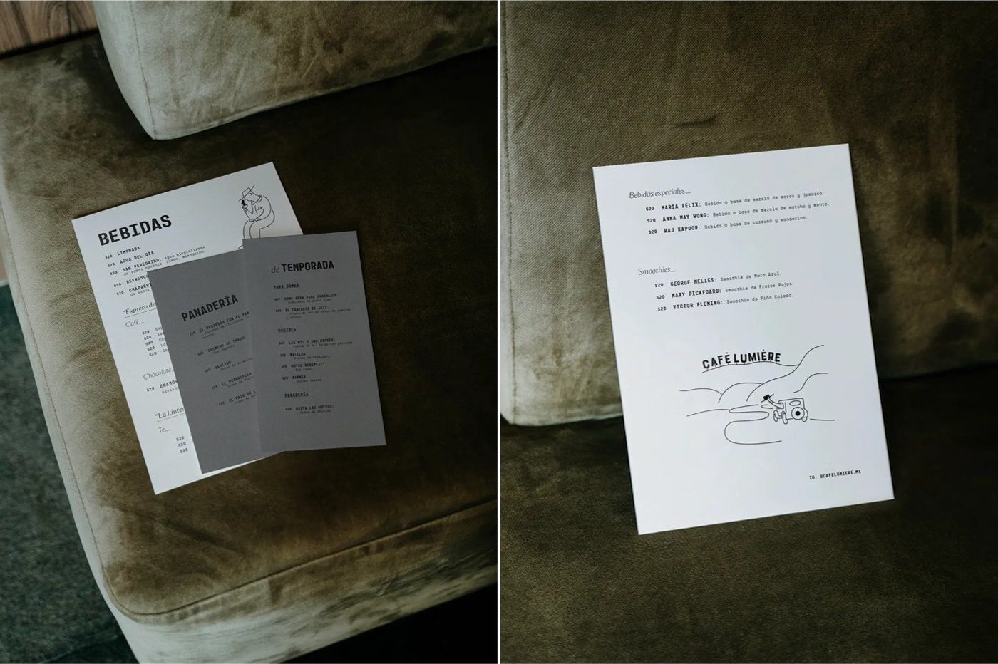 Café Lumière — 올리브색 소파 위 음료 메뉴와 빵 메뉴